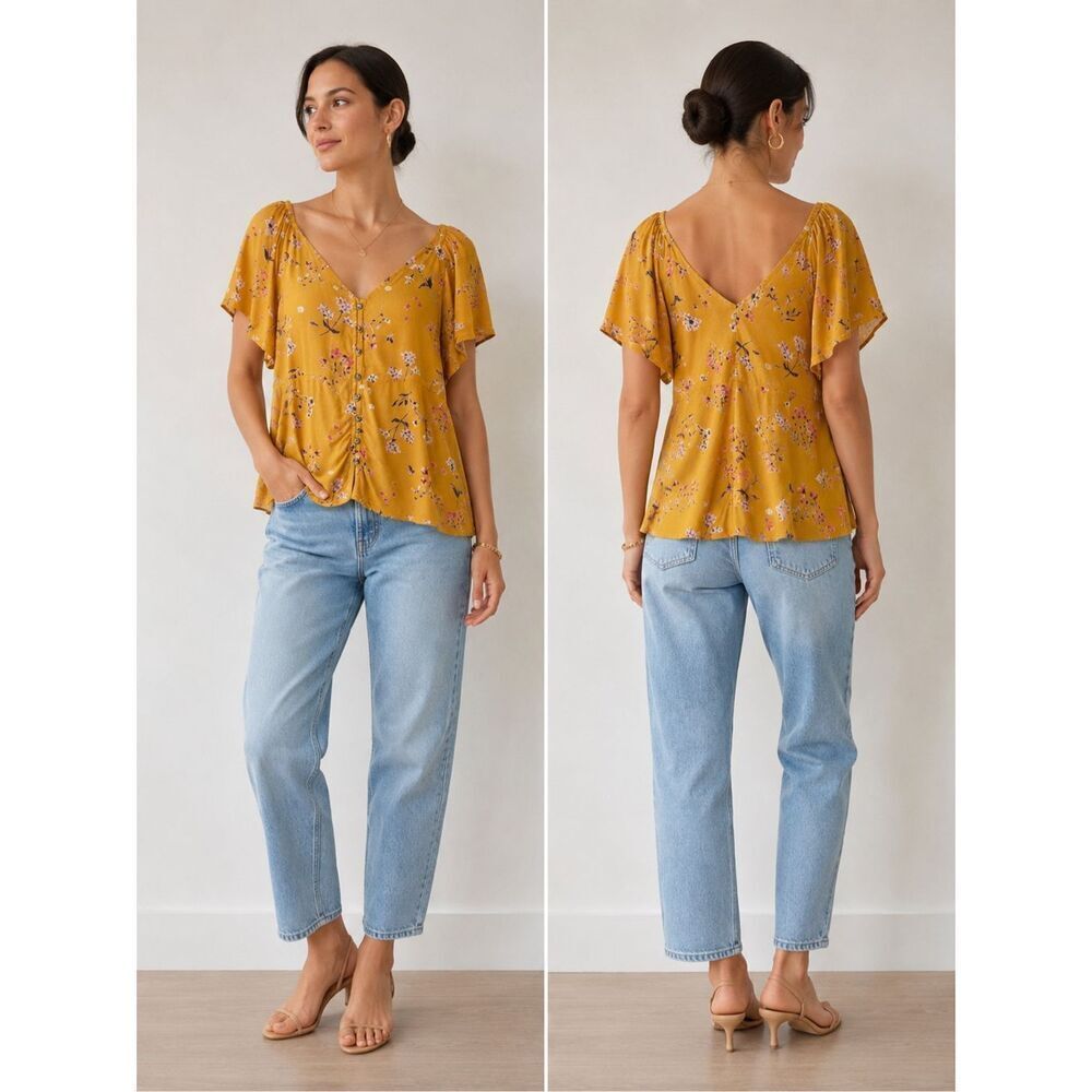 TIFOSI Mustard Yellow Floral Peplum Top Flutter Sleeve Boho Blouse Size Medium